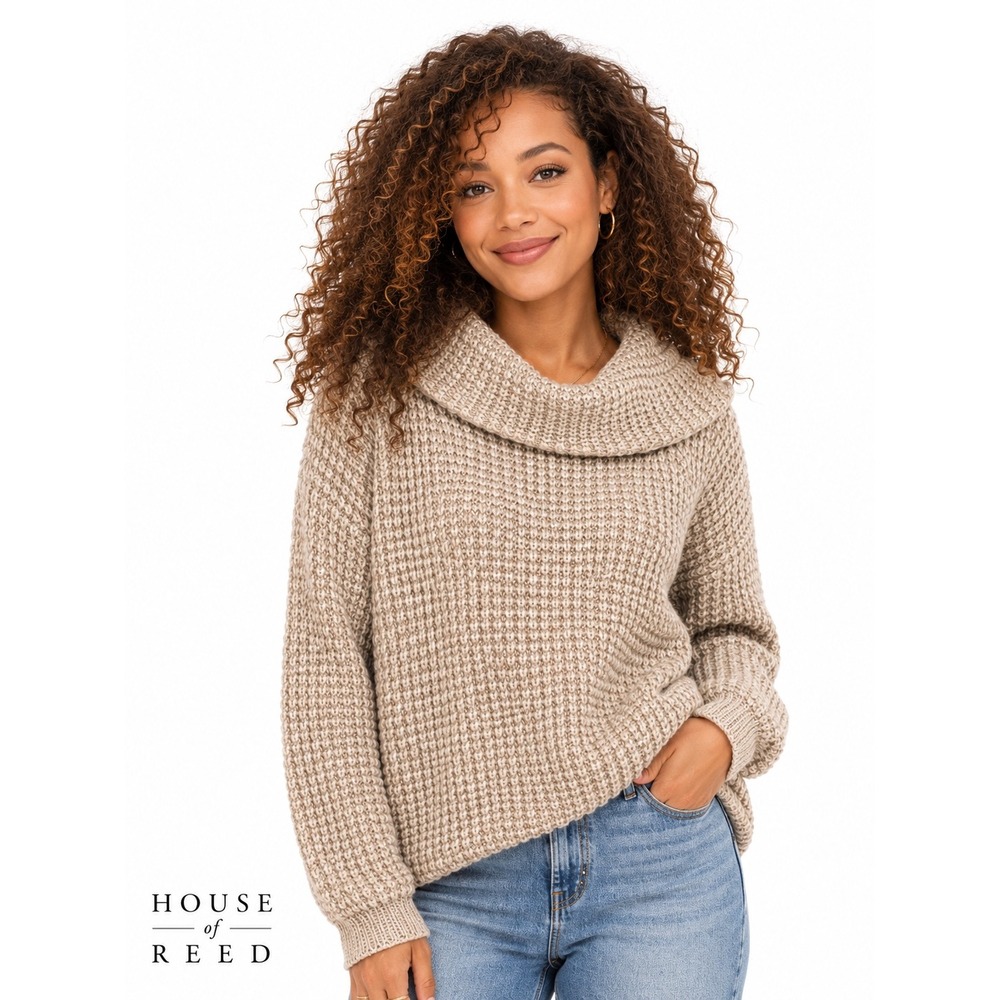 BB Dakota Latte Waffle Knit Cowl Neck Sweater BH306209 Tan Cream Womens Medium